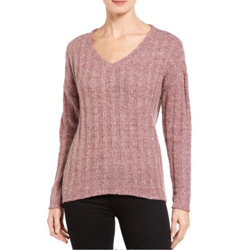 Anthropologie Muted Pink Ribbed V-Neck Sweater